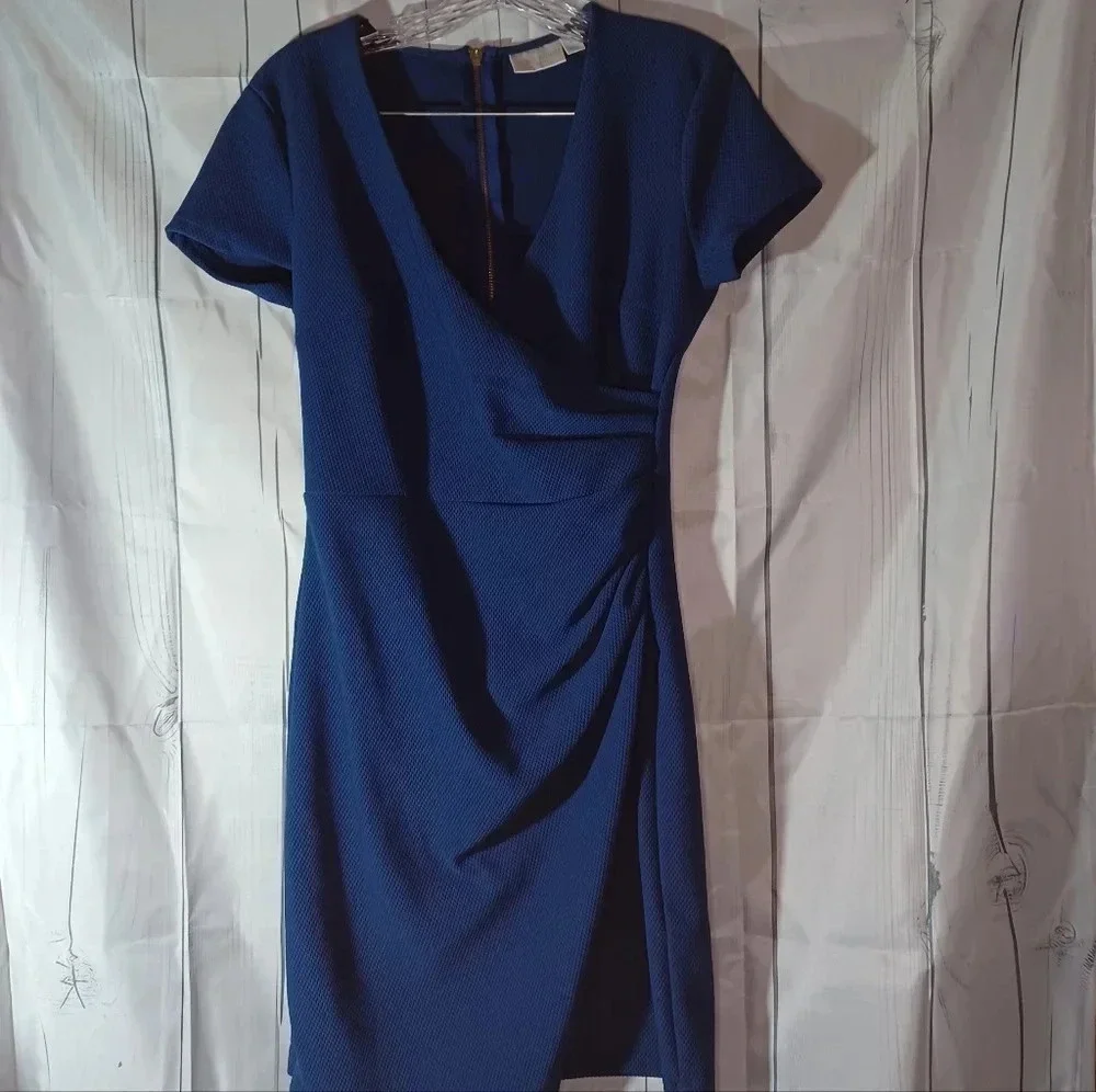 Bisou Bisou v-neck faux wrap asymmetrical business casual modest blue dress